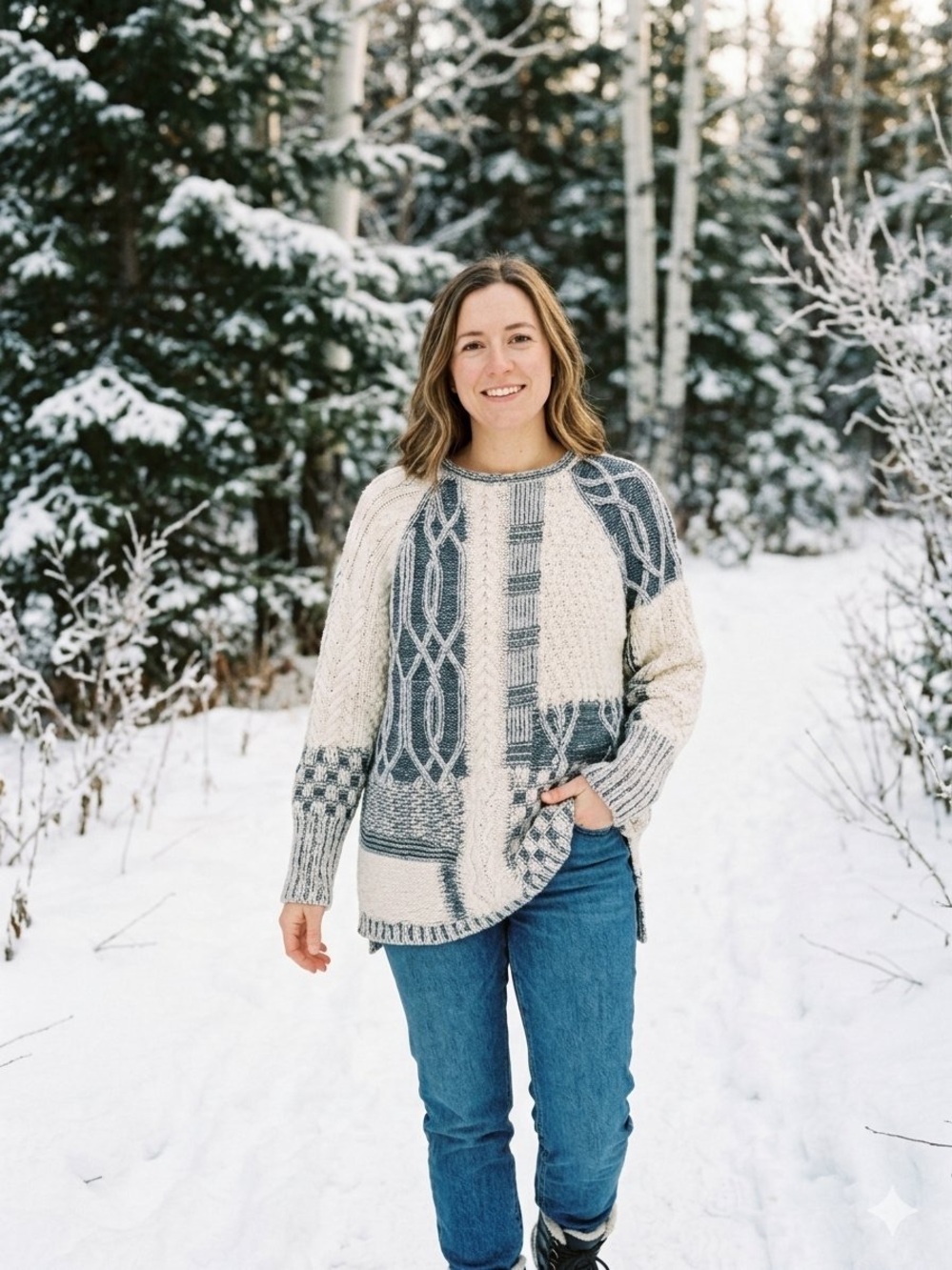 Chaps Cream & Gray Patchwork Cable Knit Scoop Sweater
